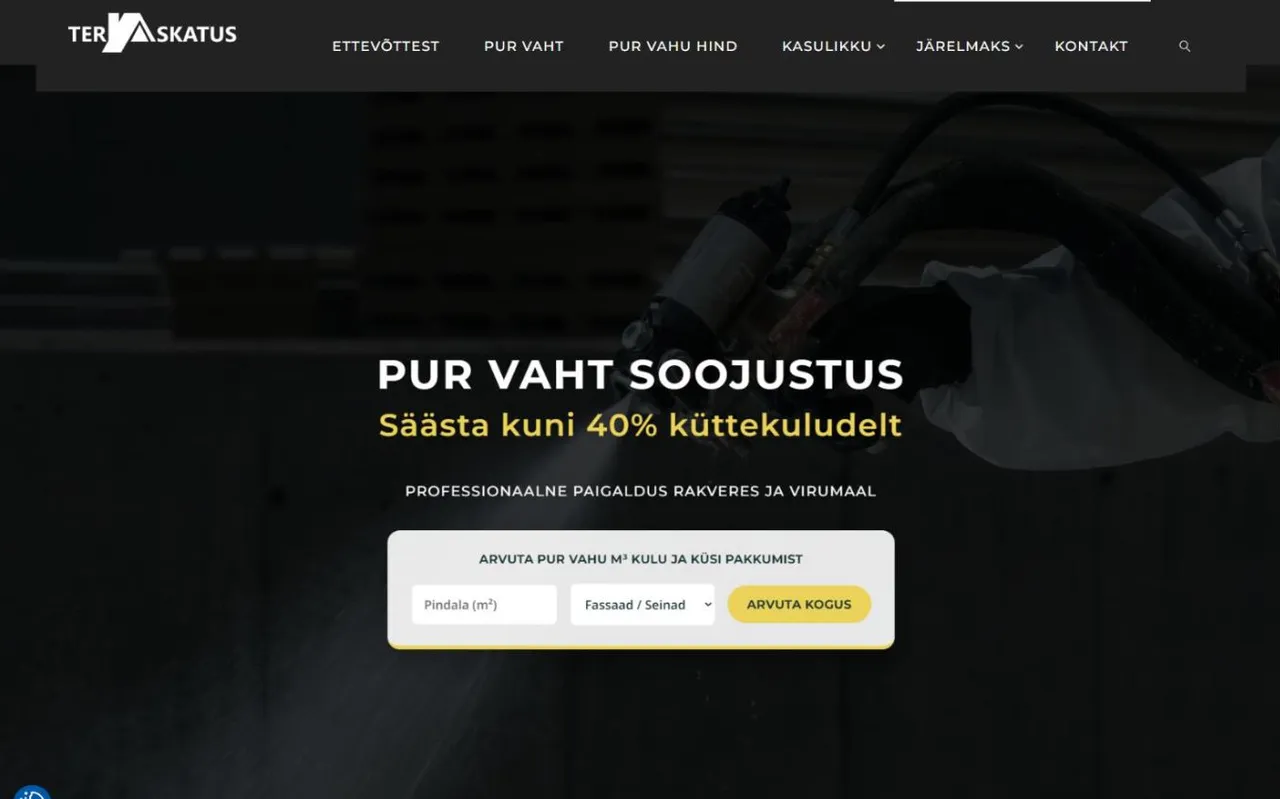PUR-soojustuse kodulehe avaleht kalkulaatoriga